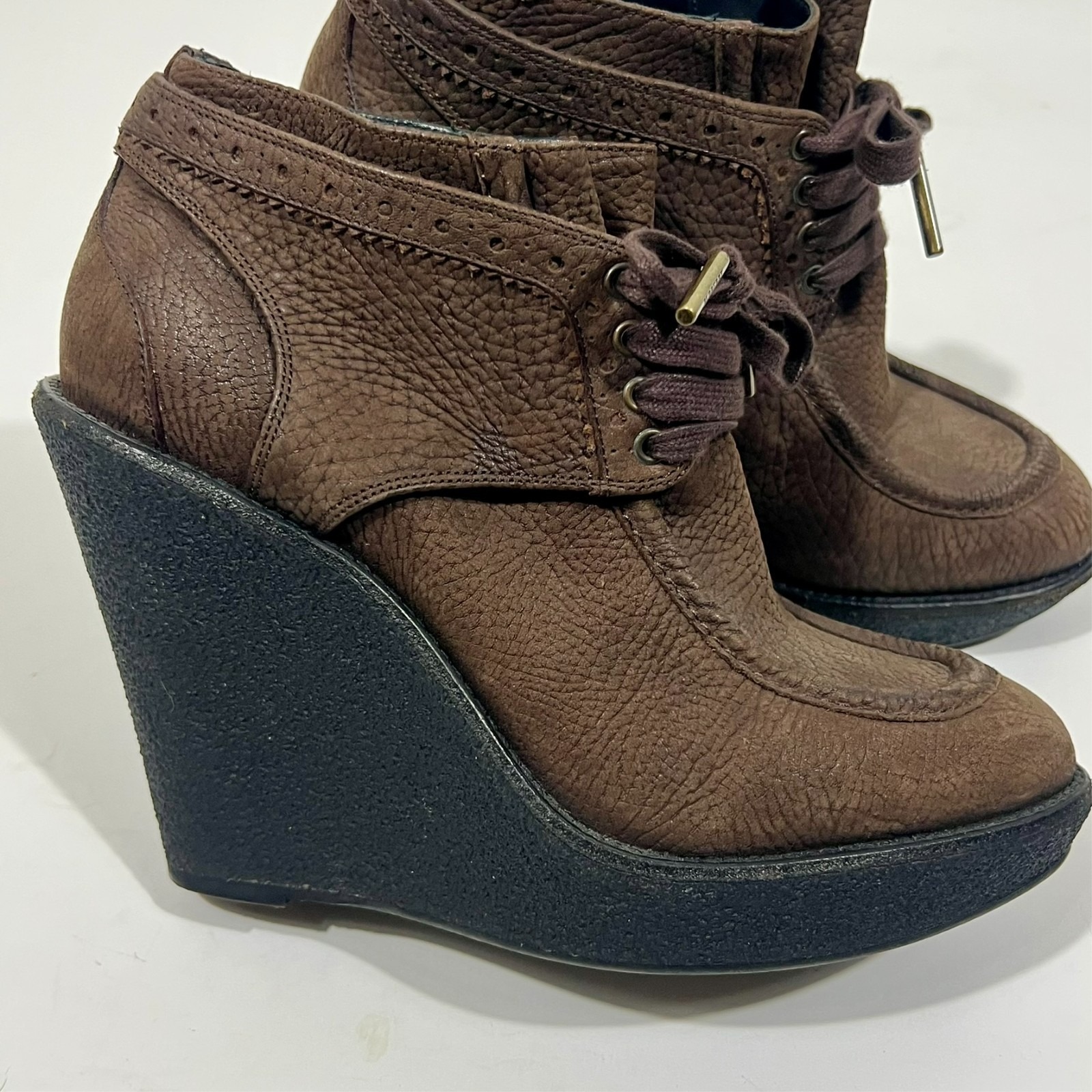 Burberry Prorsum Brown Leather Platform Wedge Booties Women's Size Eu 37.5 Us 7